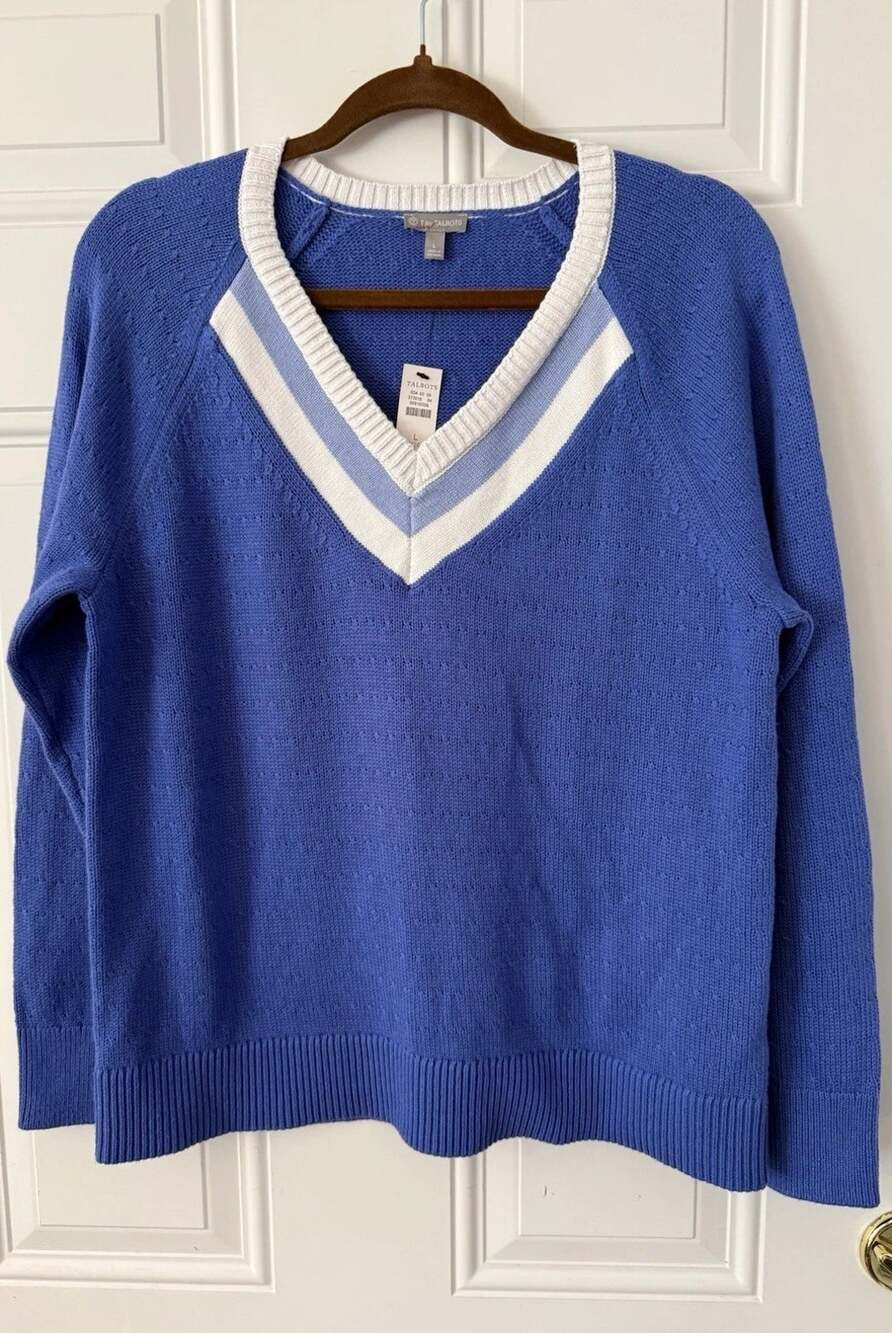 T by Talbots Women’s Blue Sweater White V Neck Tennis Preppy NWT LG 109.99
